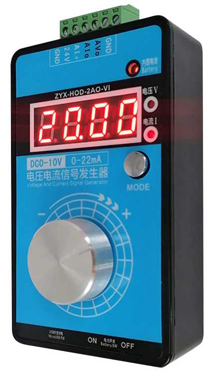 Precision voltage reference. A box with a blue front, 1 knob, and 1
button